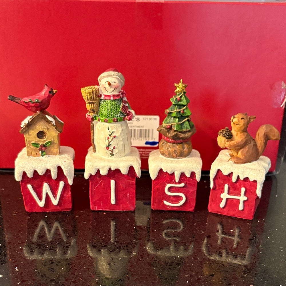Christmas WISH Snowman Tree Character Blocks Shelf Sitters Farmhouse Country - Picture 1 of 14